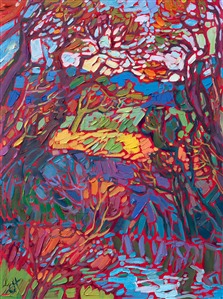 The Willamette Valley in Oregon channels many winding creeks down to the Willamette River. This creek is overhung by mighty oak trees that reach high into the afternoon sky, creating many layers of patterned, abstract color between their branches. 

"River Oaks" is an original oil painting created on linen board. The piece arrives framed in a black and gold frame, ready to hang.