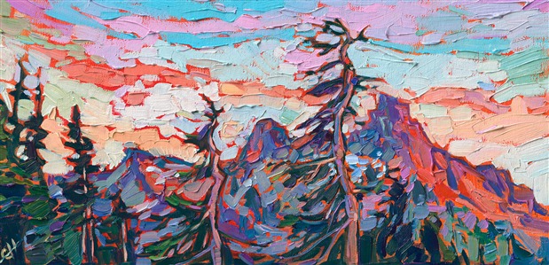 The jagged peaks of the Tatoosh Range are captured in this petite oil painting by Erin Hanson. Loose brush strokes capture the expressive color and movement of the scenery. 

"Vista Peaks" is an original oil painting on linen board. The piece arrives framed in a custom-made, black and gold plein air frame.