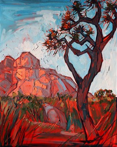 A spiny Joshua Tree stands in colorful glory against a background of pink-lit granite boulders. The sky is cut out around the Joshua Tree with thick, buttery brush strokes of oil paint.