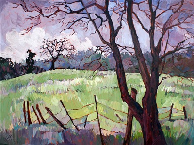 Cool winter grass is covered in icy morning dew, in this painting of Paso Robles, California.