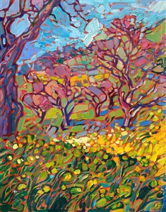 An old grove of hazelnut trees in Paso Robles, California, sparkles with color in the springtime, when mustard flowers grow in abundance beneath the gnarled branches. Thick brushstrokes and expressive color captures the beauty of this transient scene.

"Hazelnut Grove" is an original oil painting on linen board. The piece arrives framed in a black and gold plein air frame, ready to hang.

This piece will be displayed in Erin Hanson's annual <i><a href="https://www.erinhanson.com/Event/petiteshow2023">Petite Show</i></a> in McMinnville, Oregon. This painting is available for purchase now, and the piece will ship after the show on November 11, 2023. 