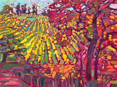 The hundreds of vineyards in the Willamette Valley, Oregon, turn shades of cadmium yellow in autumn. This painting captures the beautiful contrast of yellow vines against green grass, surrounded by autumn reds.

"Cadmium Vines" is an original oil painting on linen board. The piece arrives framed in a plein air frame, ready to hang.