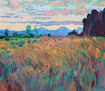 Smith Rock is a popular rock climbing destination near Bend, Oregon. You can see the peaks of the Three Sisters in the distance, blue against the warm hues of the setting sky. The long grasses in the foreground glow with the colors of summer.

"Smith Rock" was created on 1-1/2" canvas, with the painting continued around the edges. The painting arrives framed in a contemporary gold floater frame, ready to hang.