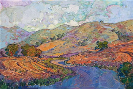 The rolling hills of Paso Robles wine country are captured here in loose, impressionistic brush strokes and vivid color. The cultivated land provides additional texture and movement to the landscape. I love the staccato placement of the live oak trees among the curves and hollows of the hillsides.

This painting was created on 1-1/2" deep canvas, with the painting continued around the edges for a finished look. The piece arrives framed in a gold floater frame, ready to hang.