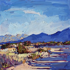 This oil painting on board captures the beauty of a late afternoon in Borrego Springs with a simplicity of color and composition. 