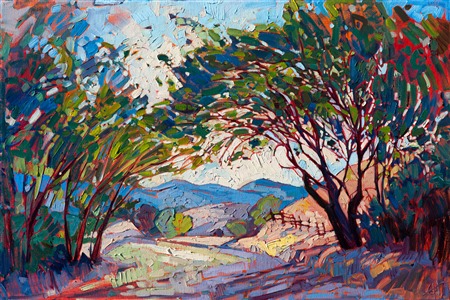 Paso Robles is a never-ending inspiration for landscape paintings. Each changing season brings a new range of colors, each day a new pattern of shadows and light.  Driving through Paso Robles, you never know what perfect idyllic scene will suddenly appear before you, as in this painting.