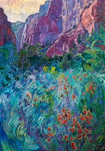 About the Painting:
Kolob Canyon is the lesser-visited entrance to Zion National Park, but well worth the drive north. The quiet canyons are lush and verdant, and in the springtime wildflowers and soft green sagebrush abound.

"Kolob in Bloom" was created on 1-1/2" canvas, with the painting continued around the edges. The piece arrives framed in a contemporary gold floater frame.