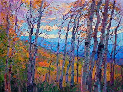 This painting was inspired by a recent hike through Cedar Breaks National Park, a southern Utah gem near Zion Park.  The electric color of the aspens in autumn bloom glittered and shimmered in the October air.  This painting captures the motion of the landscape with a loose brush stroke and vivid composition.