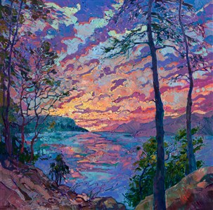 Hiking early in the morning led to the discovery of a peaceful vista across still waters. This painting captures the solitude and emotion of the moment.  

The brush strokes in this Open Impressionist painting are lively and thickly applied, full of vibrant color and texture.  The painting was created on gallery-depth canvas, with the painting wrapped around the sides.