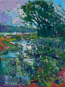 Northwest color blooms on this small original oil painting of northern Washington.  The cool, wet marshland reflects the early morning sky and wooded copse.

This small impressionistic oil painting was created on canvas-wrapped board.  The piece has been framed in a gold plein air frame.