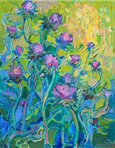 Purple thistles bloom with color against an apple green backdrop. The brush strokes in this painting are loose and impressionistic, alive with color and motion.

This painting was created on 1/8" linen board, and it arrives framed in a gold plein air frame.