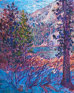 Last year I was backpacking with my brother in the Eastern Sierras. While hiking through the alpine lakes I was struck by the crystal blue reflections of the sky in the water. I love the way the shadows in the snow capture the vivid aquamarine blue of the sky. This painting was created using loose, impressionistic brush strokes with thickly applied oil paint. 

This painting was done on 1-1/2" canvas, with the painting continued around the edges of the canvas, and it has been framed in a custom, gold-leaf floater frame. The painting arrives ready to hang.
