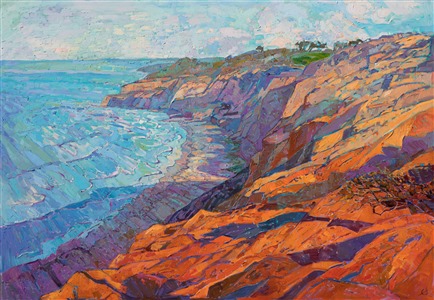Torrey Pines is one of the most beautiful set of colored bluffs I have ever seen.  The rich oranges and tangerine sandstone glow with color in the early morning light, a beautiful contrast against the soft lavender shadows. The brush strokes in this painting are loose and impressionistic, alive with vivid color and texture.

This painting has been framed in a hand-gilded, carved floater frame that was designed to complement the colors in this painting.  It will arrived wired and ready to hang.

