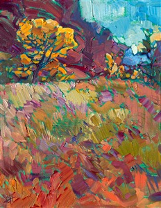 This painting was inspired by backpacking near Kolob Canyon, in Zion National Park.  The autumn-hued cottonwoods are brilliant in the morning sunlight, a beautiful contrast against the distant cliffs.

This small oil painting was created on 3/4" canvas and arrives framed in a classic gilt frame, ready to hang.

Exhibited: St George Art Museum, Utah, in a solo exhibition celebrating the National Park's centennial: <i><a href="https://www.erinhanson.com/Event/ErinHansonMuseumShow2016" target="_blank">Erin Hanson's Painted Parks</a></i>, 2016.