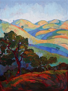 Rich and saturated reds and greens fade into distant thoughts across the far-off hillsides of Paso Robles, California.