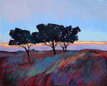 Three stark oaks stand out darkly against the final band of sunlight peeking through purple stripes of sunset clouds. The low rolling hills flatten out in the distance. The paint is laid on in thick, impressionistic brush strokes.