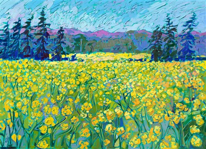 Wide plains of yellow mustard plants grow abundantly in the Willamette Valley in Oregon. The mountains surrounding the valley are purple in the distance. Loose, expressive brush strokes capture the beautiful, changing color of the scene.

"Oregon Mustard" was created on gallery-depth linen canvas. The painting arrives framed in a contemporary gold floater frame, ready to hang.