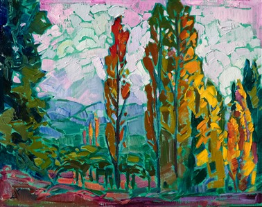 A row of poplar trees turning hues of autumn catch the afternoon light in this oil painting of Napa, California. The brush strokes are loose and impressionstic, creating a mosaic of color across the canvas.

"Dawning Autumn" was created on fine linen board, and the piece arrives framed in a custom-made, gold plein air frame.