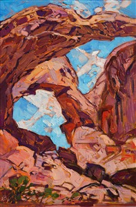 Thick strokes of oil paint are laid in painterly motions across the canvas to capture the abstract beauty of Arches National Park. Southern Utah is one of American impressionist Erin Hanson's favorite southwest inspirations. The strong, clean lines of the double arches stand out against a summer blue sky.