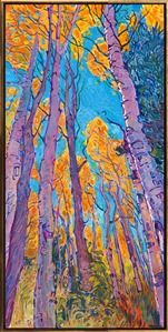 Stately aspens tower high above against an October blue sky. This painting of Cedar Breaks National Monument in southern Utah captures the vibrant hues of the quaking aspen in autumn glory. Thick brush strokes of oil paint add dimension and movement to the painting.

"Aspen Blues" is an original oil painting on stretched canvas, by American impressionist Erin Hanson. This painting arrives framed and ready to hang.