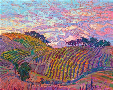 Warm sunset light drenches the landscape in this colorful painting of cultivated vines. The brush strokes are loose and expressive, capturing the feeling of being outside in the open air. 

"Vineyard Color" is an original oil painting created on gallery-depth canvas. The piece arrives framed in a burnished, 23kt gold leaf floater frame with dark sides. 