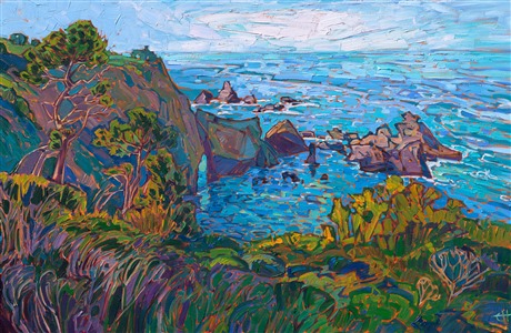 The soft light of afternoon casts a warm glow across this Mendocino coastline in northern California. The impressionistic painting has been framed in a hand-carved and gilded "open impressionist" frame designed by the artist.