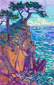 This oil painting captures the colors of Carmel with thick, impressionistic brush strokes. The contrast between the sunset-colored rocks and the turquoise waves creates a sense of movement and excitement within the piece. Erin Hanson's modern style of painting is called Open Impressionism, and it involves placing brush strokes side-by-side, without layering. The effect is a stained-glass or mosaic look to her oil paintings.