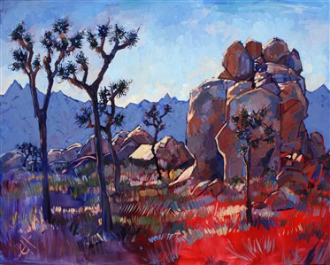 Original oil painting of Joshua Tree National Park. The colors in this painting are bright and electric, and the brush strokes are bold and impressionistic.