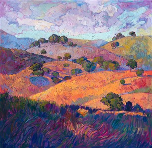 Overlapping bands of colors bring Paso Robles to life in pure, vibrant hues, as California oaks march across the summer-tinted hills.  The paint, thickly textured, glimmers with motion as light plays across the canvas.  

This painting was created on 2" museum-depth canvas, with the painting continued around the edges of the stretched canvas. It arrives ready to hang without a frame. (Please contact the artist if you would like information on framing options for this painting.)