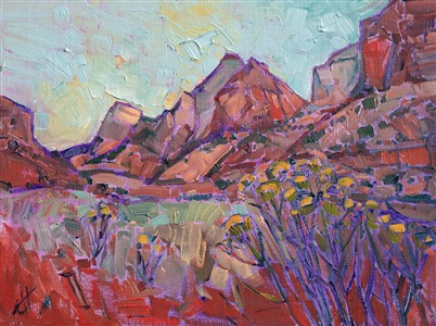 With a few expressive brush strokes, the drama of Zion's Patriarchs are captured in vivid color on this petite canvas.  The dawn light glows pink over the red rock cliffs of Zion National Park.  This painting has been framed in a hand-carved impressionist frame.

This painting is hanging in the <i><a href="https://www.erinhanson.com/Event/ErinHansonZionMuseum" target="_blank">Impressions of Zion</a></i> exhibition, and this piece is available for viewing at the Zion Art Museum, in Springdale, UT. The exhibition dates are June 9th - August 27th, 2017.  All sold paintings will be shipped after the exhibition closes at the end of August.