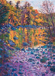 The still waters of a stream catch the autumn reflections like a mirror, glimmering with hues of copper and green.  A lavender sky above gives a hint of the winter to come, and this painting captures the magical moment of color before the frost.

This painting was done on 1-1/2" canvas, with the painting continued around the edges of the canvas, and it has been framed in a custom, gold-leaf floater frame. The painting arrives ready to hang.