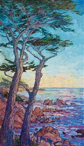 The long trunks of the coastal cypress tree stretch into a turquoise sky, while the ocean below is captured in thickly applied brush strokes and vivid colors of oil paint. The impressionistic style beautifully captures a classic landscape.

This painting is available for viewing at the newly renovated <a href="https://www.ayreshotels.com/ayres-hotel-seal-beach" target="_blank">Ayres Hotel in Seal Beach</a>.