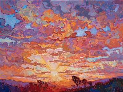 This sunset appeared on the last day of September, bringing in a glorious burst of autumn-hued color.  The loose, expressive brush strokes give the scene a sense of motion and freshness, capturing the feeling of standing outdoors and watching the last rays of a sunset.

This painting was created on 1-1/2" canvas, with the painting continued around the edges. The piece has been framed in a custom-made, gold floater frame.
