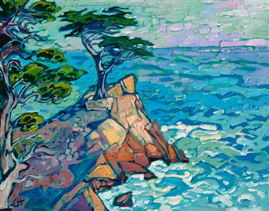 The iconic Lone Cypress stands on an outcropping of colorful rocks, overlooking the wide expanse of the bay. This petite painting captures the beauty of the scene with few brush strokes placed with feeling and impressionistic color.

"Carmel Pine" was created on 1/8" linen board. It arrives framed in a classic plein air frame, ready to hang.