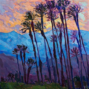 The winter of 2017 has brought unusual weather all across Southern California.  In the Coachella Valley, the snow line was dramatically low.  As the sun set behind the San Joaquin peaks, the snow-covered desert mountains glowed brilliant blue and purple.  I captured this scene as a backdrop to a grove of date palms, with a fiery sunset glowing above.

This painting was created on 1-1/2" deep canvas, with the painting continued around the edges of the canvas for a finished look.  It may be displayed on your wall framed or unframed.