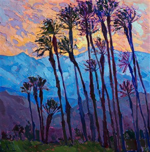 The winter of 2017 has brought unusual weather all across Southern California.  In the Coachella Valley, the snow line was dramatically low.  As the sun set behind the San Joaquin peaks, the snow-covered desert mountains glowed brilliant blue and purple.  I captured this scene as a backdrop to a grove of date palms, with a fiery sunset glowing above.

This painting was created on 1-1/2" deep canvas, with the painting continued around the edges of the canvas for a finished look.  It may be displayed on your wall framed or unframed.