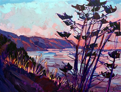 Big Sur coastal oil painting, in abstract shapes and colors painted in bold, impasto brush strokes.