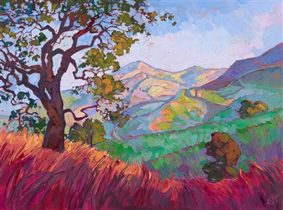 The warming light of early dawn illuminates the layers of rolling hills, in this oil painting of Paso Robles wine country. The quintessential California oak tree is captured in thick, impasto brush strokes that bring its personality to life.

"Rolling Hills" was created on 1-1/2" canvas. The piece arrives framed in a contemporary gold floater frame, ready to hang.