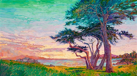 The wind-sculpted arms of the Monterey cypress tree curve against a dawning sky. This painting of Lover's Point, near Monterey, captures the beautiful vista spread out in all directions. Each brush stroke is thickly applied without layering, creating a mosaic of texture across the canvas.

"Lover's Cypress" was created on 1-1/2" canvas, with the painting continued around the edges. The painting arrives framed in a contemporary gold floater frame.