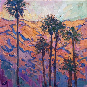 After doing a show in La Quinta, I was driving back to the 10 freeway and I saw this amazing sunset reflected in the west-facing mountains.  The rainbow sherbet colors were a beautiful contrast against the deep lavender shadows, and the iconic palms stood out starkly against the distant mountain range.

This painting was done on 1/8" canvas, and it arrives framed and ready to hang.