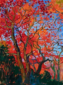 Colors of autumn sparkle with light in this painting of Kyoto, Japan. The rich ultramarine sky is a beautiful contrast to the cadmium hues of the maple trees. Each brush stroke is placed side-by-side, creating a stained glass effect on the canvas.

"Autumn Hues" was created on fine linen canvas, and the painting arrives framed in a hand-carved, gold plein air frame.