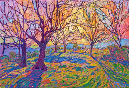 Crystal light filters through these northwestern maple trees. This painting of my estate in Oregon captures the beautiful scenery of late autumn, alive with colorful light.