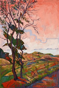This whimsical painting communicates the beautiful pink and salmon colors that dance across Paso Robles during a sunset.