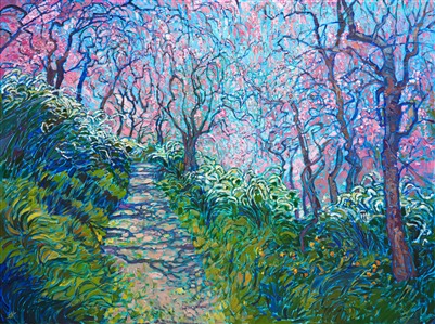 Take a stroll into spring by stepping into this painting.  Feel the dark green grasses under your feet and watch the changing shadows move across the dirt path, as your eye moves from the yellow wildflowers to the white blooms to the pink cherry trees overhead.  Imagine the perfect baby-blue sky above, surrounding you with warmth and color.  Let your mind wander as you imagine what lays beyond the bend.

This painting was done on 1-1/2" canvas, with the edges of the canvas painted. The piece will be framed in a gold floater frame and it arrives ready to hang.