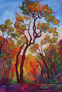 After hiking for four days through the upper plateaus of Zion National Park, the final mile was beautifully flat; the trail run under a continuous canopy of golden cottonwoods. The brush strokes in this painting are thick and colorful, creating a mosaic of movement and texture.