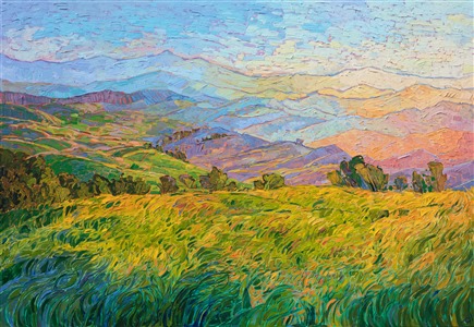 Layers of afternoon light fade into the distance, abstract shapes interacting to form a medley of color and light. This painting captures the coastal range of Paso Robles, California. The brush strokes are thick and impressionistic, capturing the texture of the moving grasses and scintillating light.

This painting was created on 1-1/2" canvas, with the painting continued around the edges of the piece. The painting has been framed in a custom gold floater frame.
