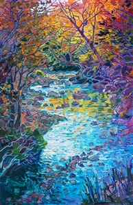 I came across this creek while leaf peeping in New England.  The afternoon light illuminated the maple tree from behind and created a refraction of crystal light that was beautiful to behold.  The brush strokes in the painting add a sense of movement to the piece.

This painting was created on 1-1/2" canvas, with the painting continued around the edges.  The piece will be framed in a simple gold floater frame.