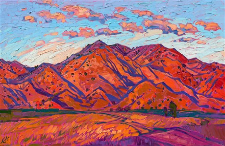 Southern California's iconic rolling hills are most beautiful at dawn, with the rich colors of sunrise cover the entire landscape in cadmium hues. This impressionist painting captures the beauty of this fleeting moment of color.

"Red Dawn" was created on 1-1/2" stretched linen, with the painting continued around the edges. The piece arrives framed in a contemporary gold floater frame, ready to hang.
