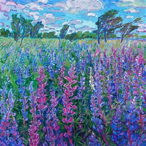 Vibrant blooms of lupin bloom abundantly in the Oregon countryside, covering the landscape with rich blue, purple, pink, and white hues. This painting captures these beautiful wildflowers during the few weeks of their late springtime blooms. 

Erin Hanson creates her oil paintings with a limited palette of no more than five paint colors, and she pre-mixes every color she will use in the painting, before ever picking up a brush. This allows her to create paintings from a rich tapestry of color that never gets muddy.

"Northwest Lupin" is an original oil painting on stretched canvas. The piece arrives framed in a burnished, sterling silver floating frame, ready to hang.