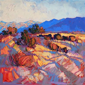 Bold brush strokes and brilliant color are applied in an attempt to capture the reality of the beautiful colors seen at sunset in Borrego Springs. Long shadows criss-cross against the patches of sun-lit grasses and scrub bushes.